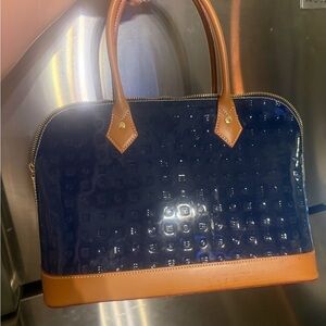 Arcadia Glossy Blue and Brown Satchel